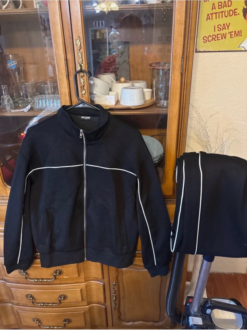 Black Track Jacket & Joggers Set with White Piping
